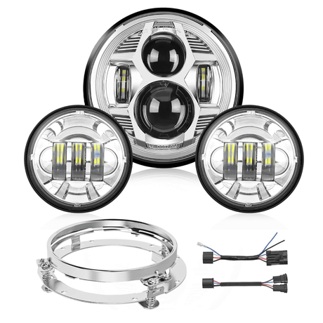 Motorcycle 7Inch LED Headlights 4.5Inch Fog Lights Chrome Kits Nilight