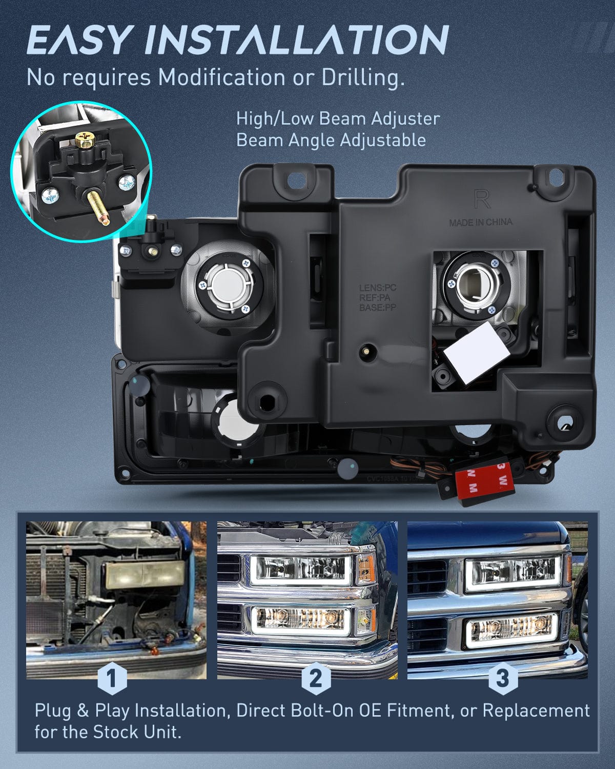 Headlight Assembly 1988 1989 1990 1991 1992 1993 1994 1995 1996 1997 Chevrolet GMC C10 C/K 1988-1999 Silverado Suburban Sierra Blazer Tahoe Yukon DRL Headlight Assembly Chrome Case