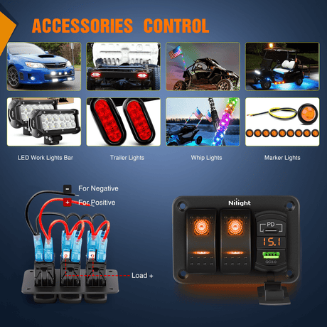 Rocker Switch 2 Gang Switch Panel With QC3.0 & PD Charger And Voltmerter with Orange Backlit