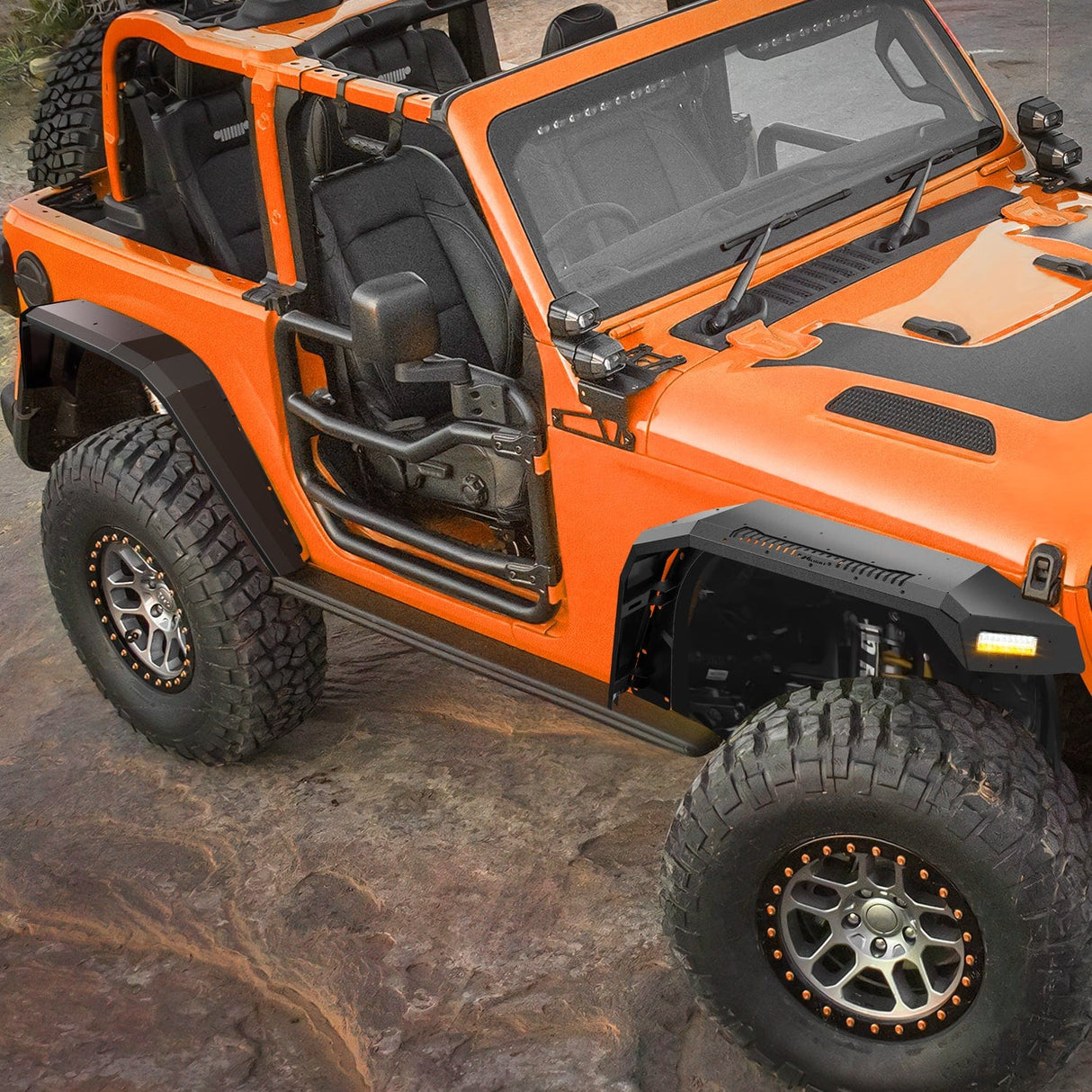 Fender 2018 2019 2020 2021 2022 2023 2024 2025 Jeep Wrangler JL&JL Unlimited 2/4Doors Wide Flat Front & Rear Fender Flares w/LED Lights Turn Signal Lights DRL (No fit 2020+ Gladiator JT)