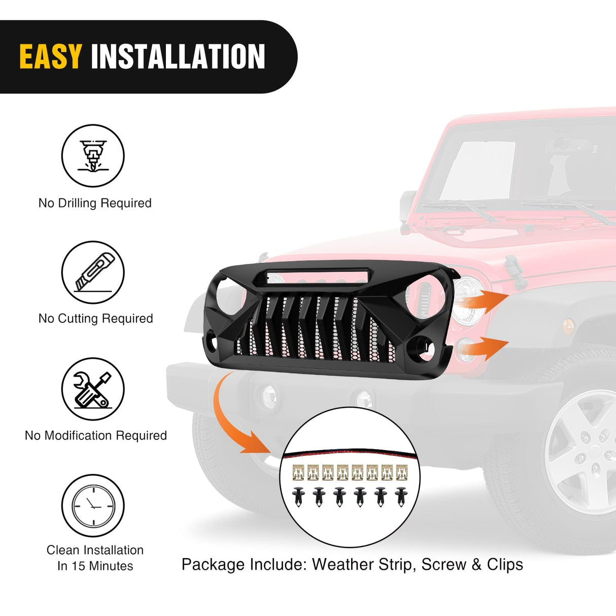 Front Bumper Front Bumper Grill Cover for 2007 2008 2009 2010 2011 2012 2013 2014 2015 2016 2017 2018 Wrangler JK/JKU Rubicon, & Sahara Sport with LED Work Light Pods Matte Black