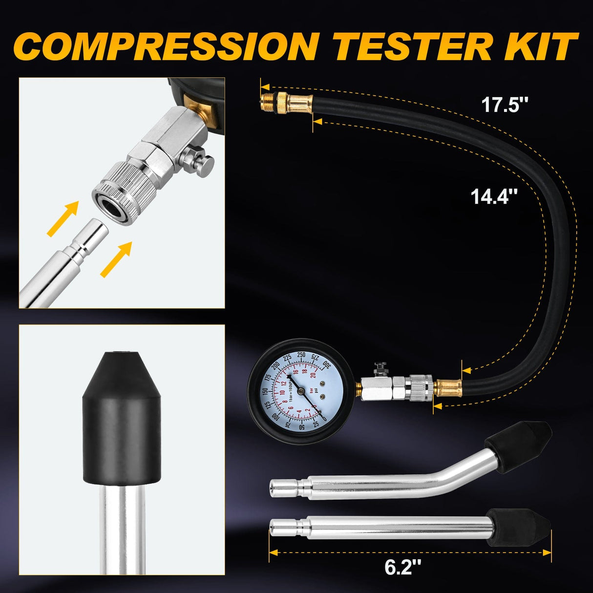 inflator 8PCS Petrol Gas Engine Cylinder Compression Tester Kit