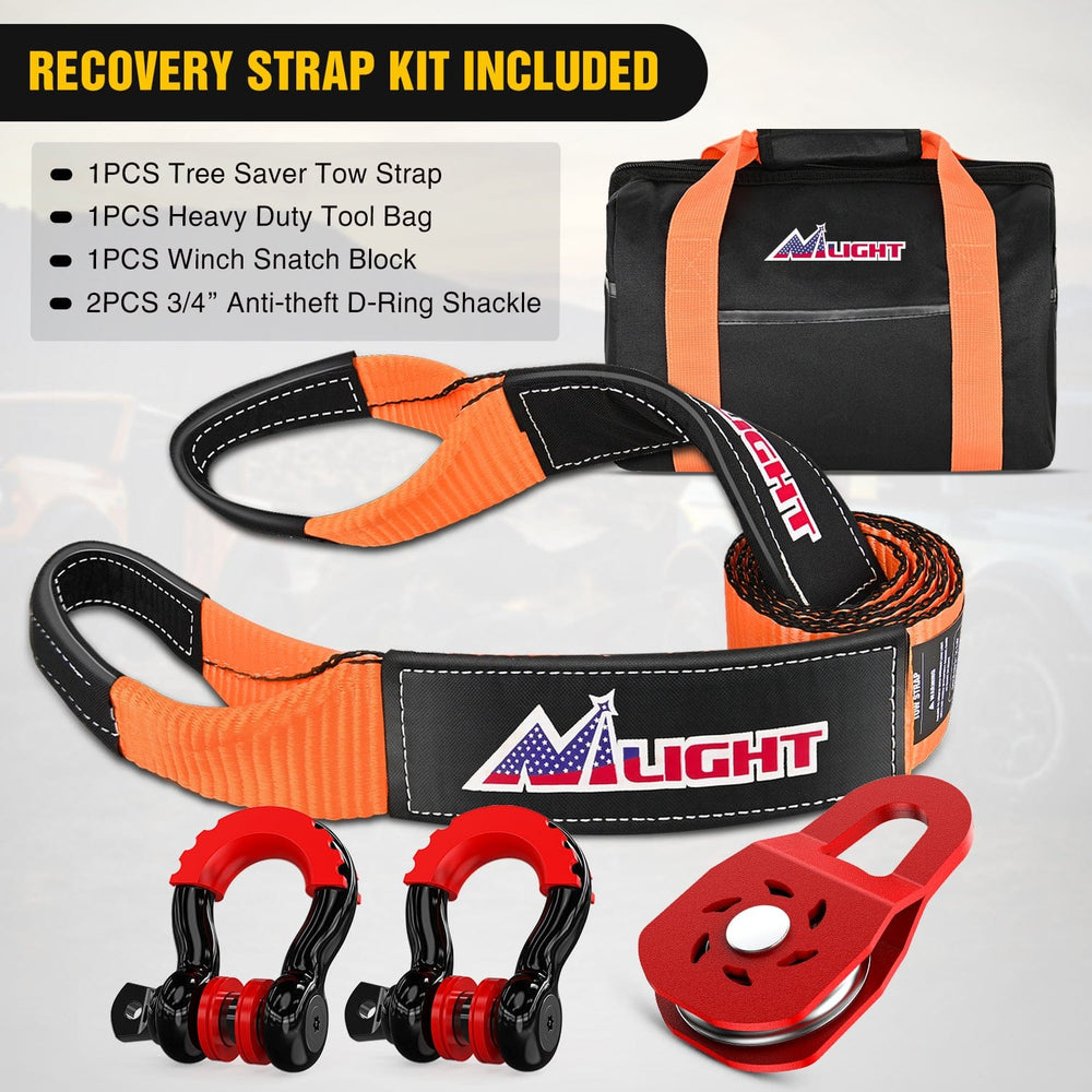 Shackle Recovery Ring 3 x 8 Inch Tow Strap with Winch Snatch Block Pulley and D-Ring Shackles