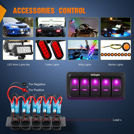 Rocker Switch 5Gang Aluminum 5Pin ON/Off Rocker Switch Panel Purple