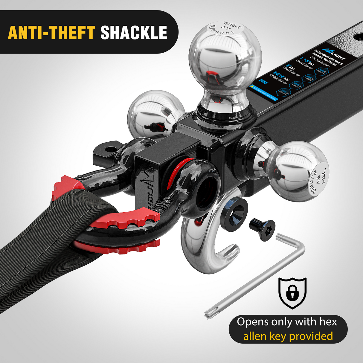 Trailer Hitch Tri-Ball Mount with Hook and Rotatable Tow Anti-Theft 3/4Inch Shackle Fits for 2inch Receiver Ball Size 1-7/8Inch 2Inch 2-5/16Inch GTW from 5000lbs to 10000lbs for RV SUV ATV Truck