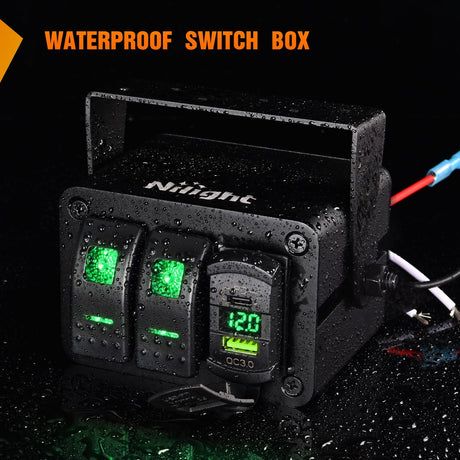 Rocker Switch 2Gang Aluminum ON/Off Rocker Switch Box w/ QC 3.0 Dual USB Charger Voltmeter with Green Backlit