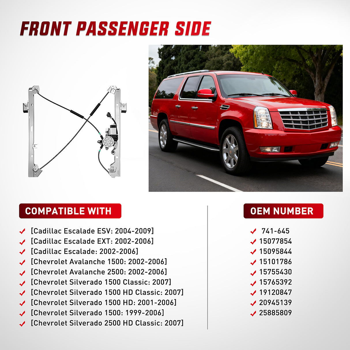 2001 2002 2003 2004 2005 2006 Chevrolet Avalanche Silverado Suburban GMC Sierra Yukon XL 1500 2500 3500 Front Passenger Side Power Window Regulator