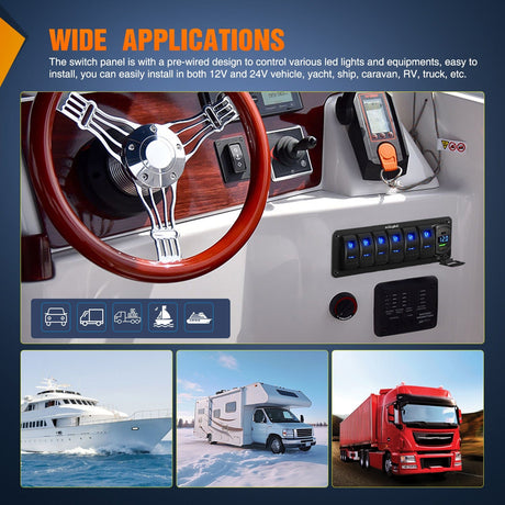 Rocker Switch 6 Gang Switch Panel With QC3.0 & PD Charger And Voltmerter with Blue Backlit