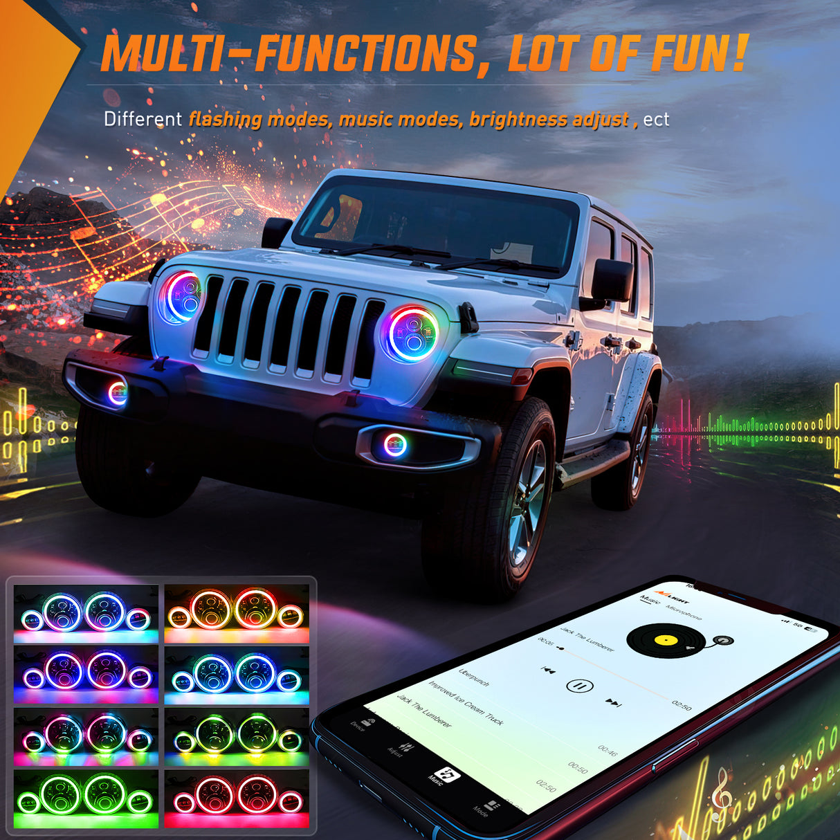 Headlight Assembly 7 Inch RGB LED Headlight and 4 Inchs Fog Light w/Turn Signal APP Remote Control Round Headlights Compatible with 2007 2008 2009 2010 2011 2012 2013 2014 2015 2016 2017 2018 Wrangler JK JKU