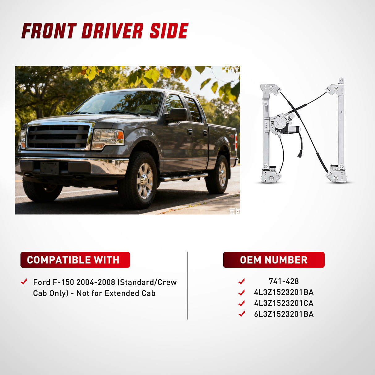 2004 2005 2006 2007 2008 Ford F150 Standard/Crew Cab Front Driver Side Power Window Regulator