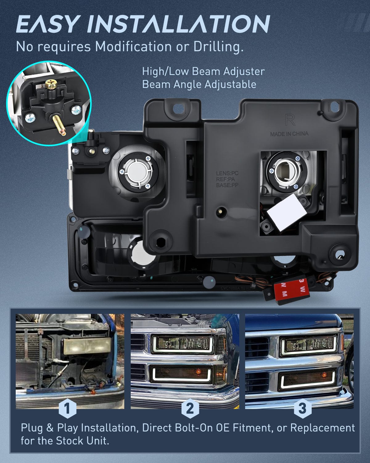 Headlight Assembly 1988 1989 1990 1991 1992 1993 1994 1995 1996 1997 Chevrolet GMC C10 C/K 1988-1999 Silverado Suburban Sierra Blazer Tahoe Yukon DRL Headlight Assembly Black Housing