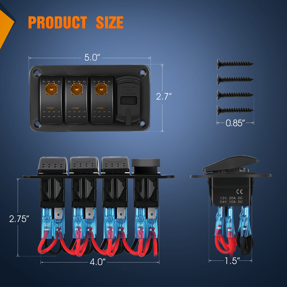 Rocker Switch 3 Gang Switch Panel With QC3.0 & PD Charger And Voltmerter with Orange Backlit