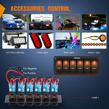 Rocker Switch 6Gang Aluminum 5Pin ON/Off Rocker Switch Panel Orange