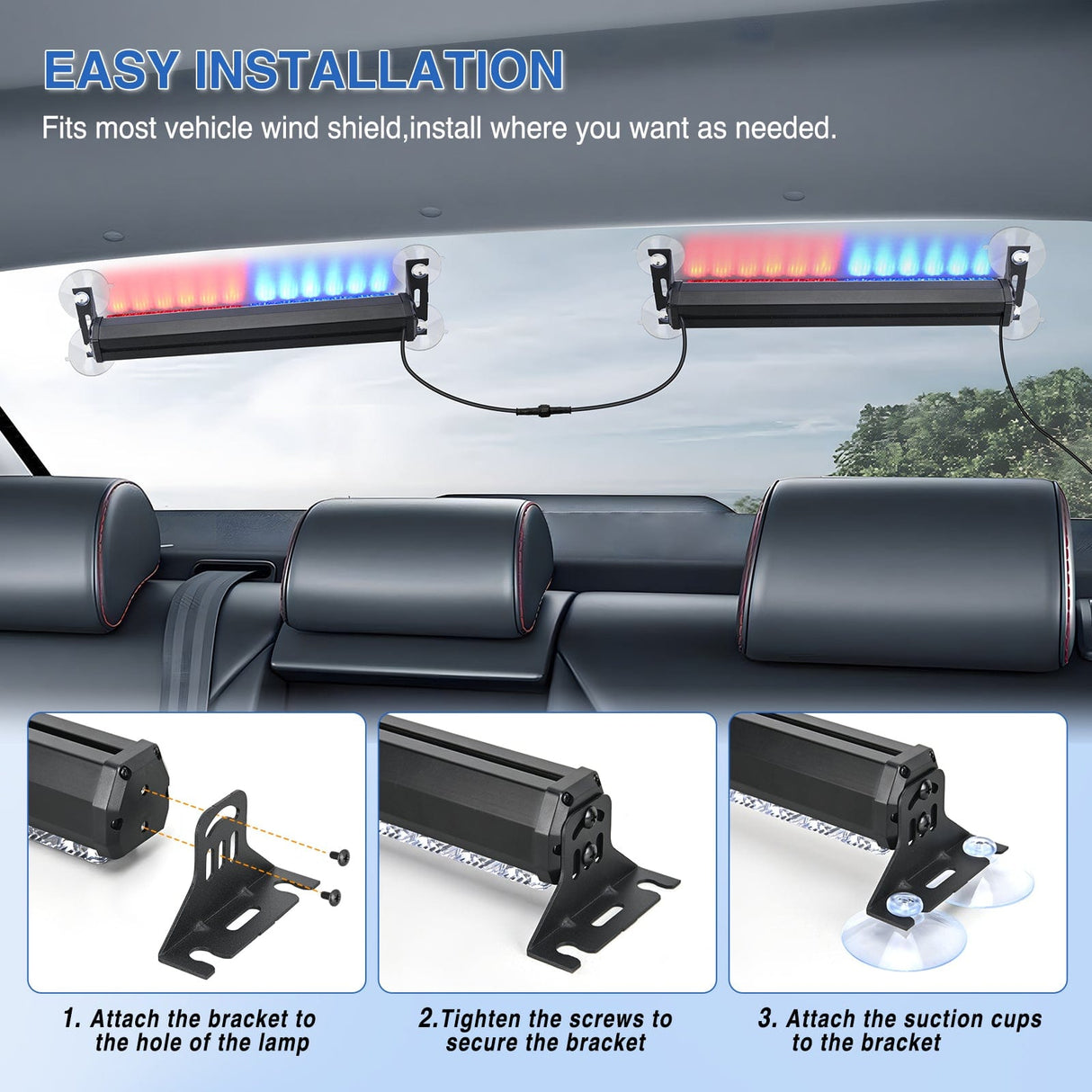 Led Strobe Light 24LED Emergency Strobe Traffic Advisor Light Bar 2 in 1 Red Blue Dash Warning Safety Flashing Lights Front/Rear Windshield Construction Lights for Trucks Cars Plow Police Firefighter Vehicles