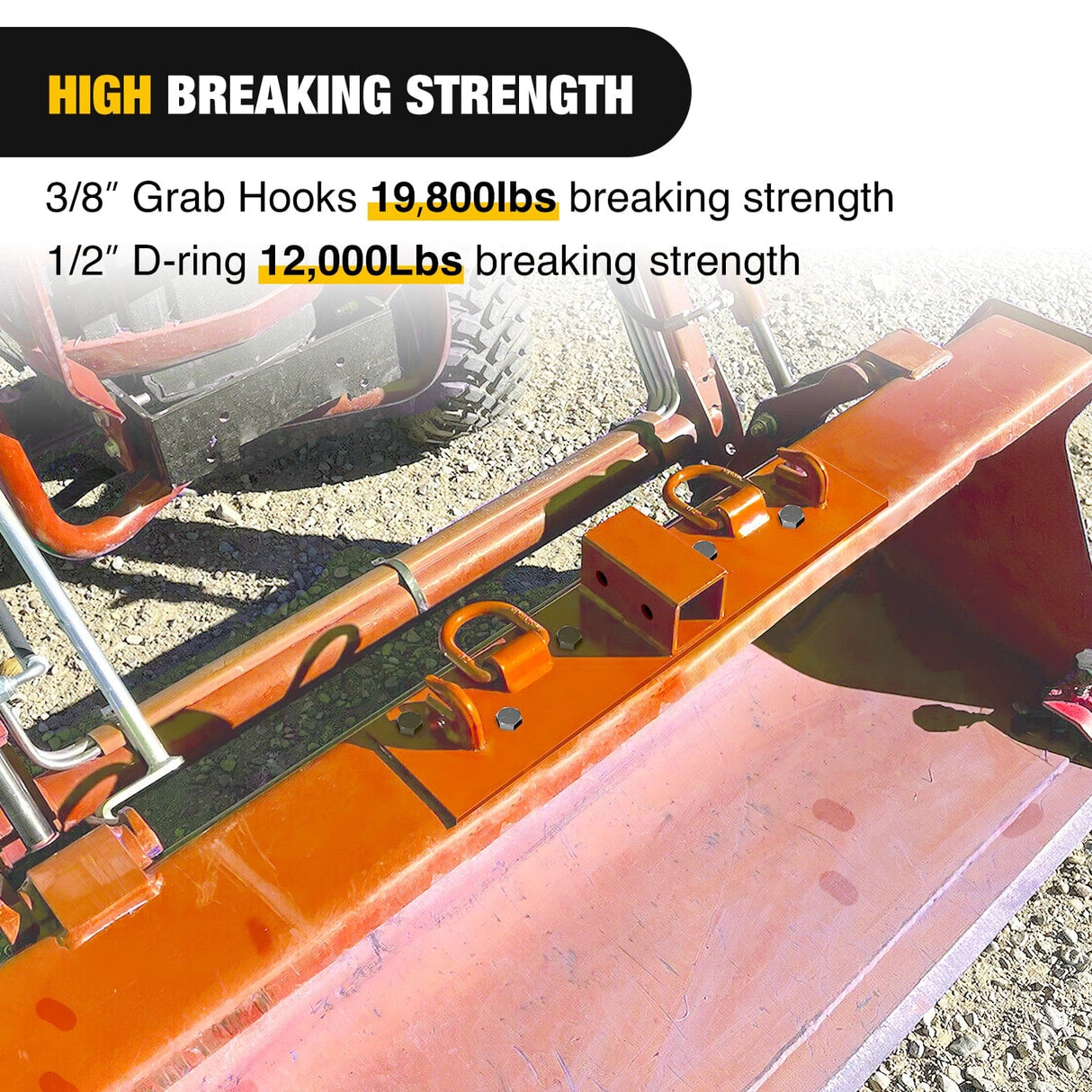 Tow Hooks & Truck Tie Downs & Anchors 3/8Inch Tractor Bucket Grab Hooks with 1/2Inch Tie Down Ring and 2Inch Receiver Grade 70 Forged Steel Bolt-On for John Deere Compact Tractor Bucket RV UTV Truck Max 4700LBS, Orange