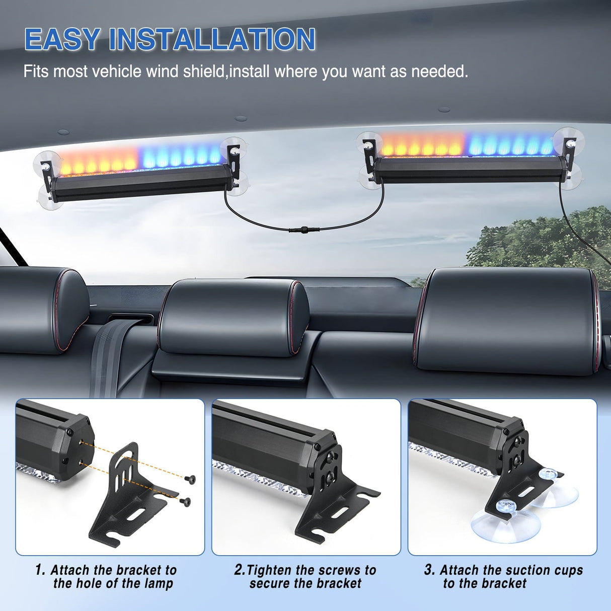 Led Strobe Light 24LED Emergency Strobe Traffic Advisor Light Bar 2 in 1 Amber Blue Dash Warning Safety Flashing Lights Front/Rear Windshield Construction Lights for Trucks Cars Plow Police Vehicles