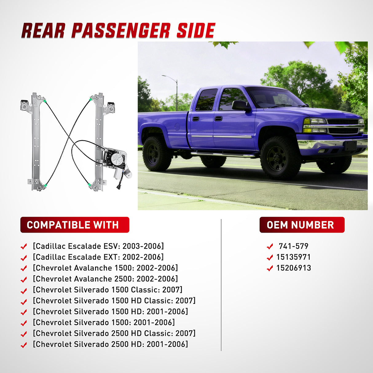 2001 2002 2003 2004 2005 2006 Chevrolet Avalanche Silverado Suburban GMC Sierra Yukon XL 1500 2500 3500 Rear Passenger Side Power Window Regulator
