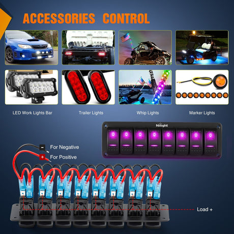 Rocker Switch 8Gang Aluminum 5Pin ON/Off Rocker Switch Panel Purple