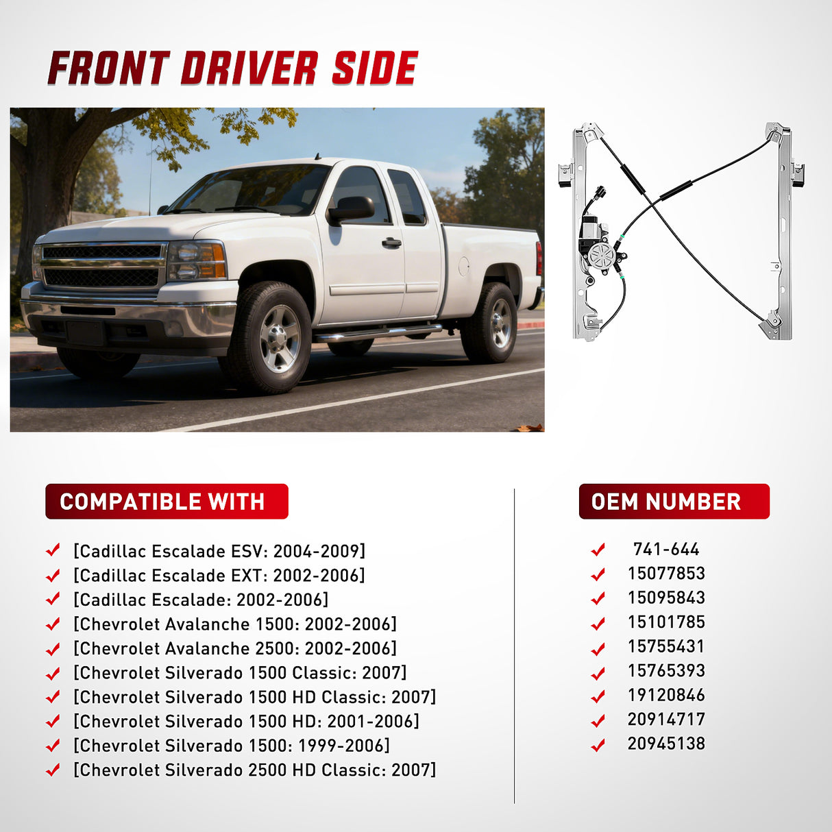 2001 2002 2003 2004 2005 2006 Chevrolet Avalanche Silverado Suburban GMC Sierra Yukon XL 1500 2500 3500 Front Driver Side Power Window Regulator