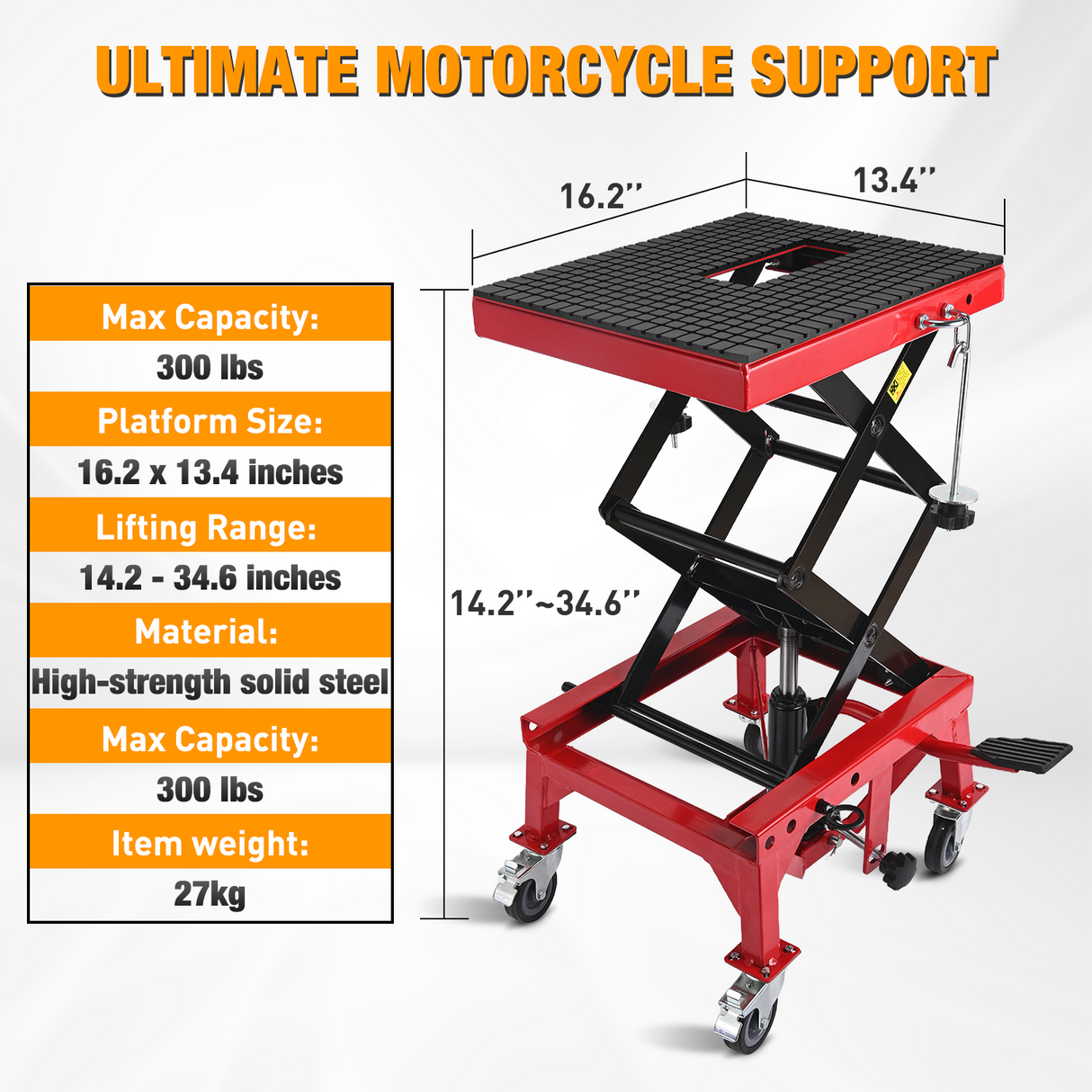 Motorcycle Lift Table Jack 300 LBS Heavy Duty Hydraulic Motorcycle Scissor Jack Lifts Table Foot Pedal with 4 Caster Wheels Wide Deck for Motorbike Dirt Bike ATV Garage Repair Tool, Red