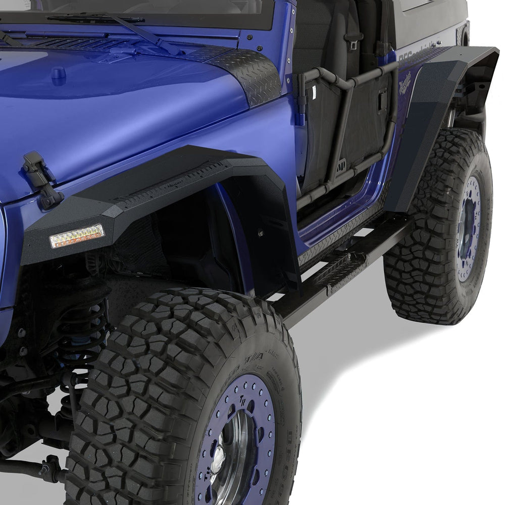Fender 2007 2008 2009 2010 2011 2012 2013 2014 2015 2016 2017 2018 Jeep Wrangler JK 2 Door Wide Flat Front & Rear Fender Flares w/LED Lights Turn Signal Lights DRL
