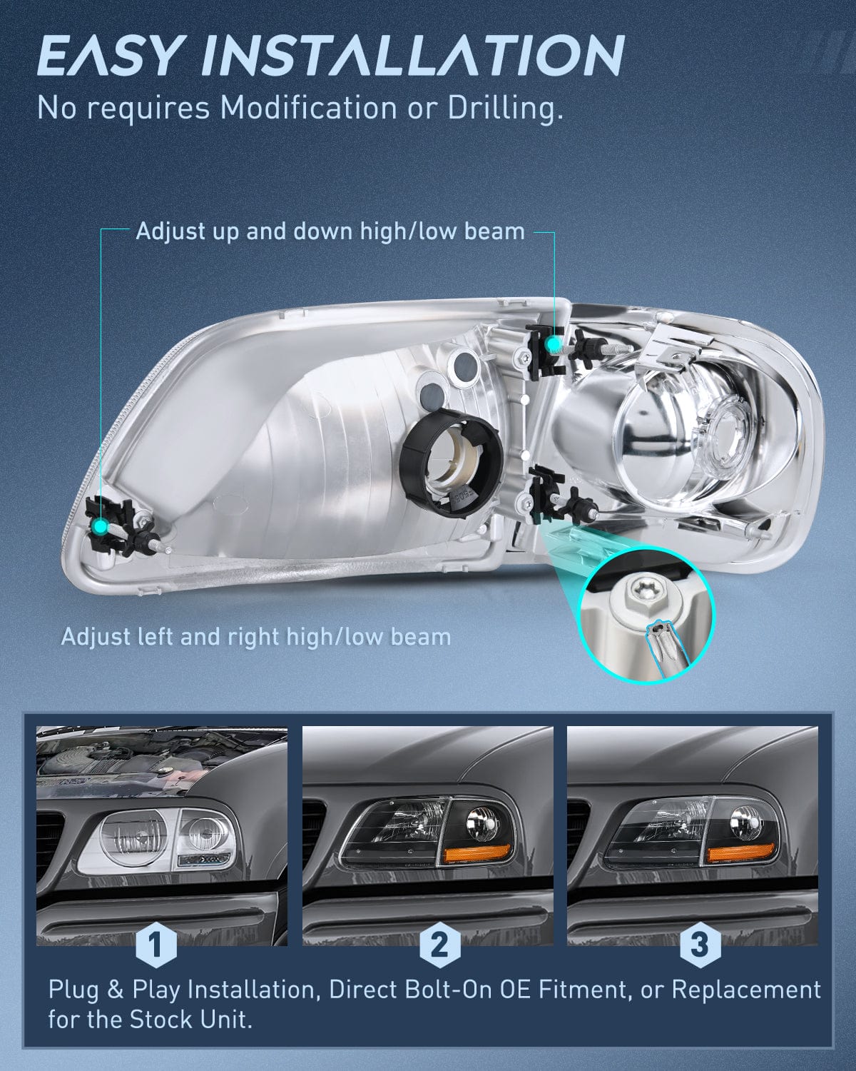 Headlight Assembly 1997 1998 1999 2000 2001 2002 2003 Ford F150 Headlight Assembly Expedition Black Housing Amber Reflector