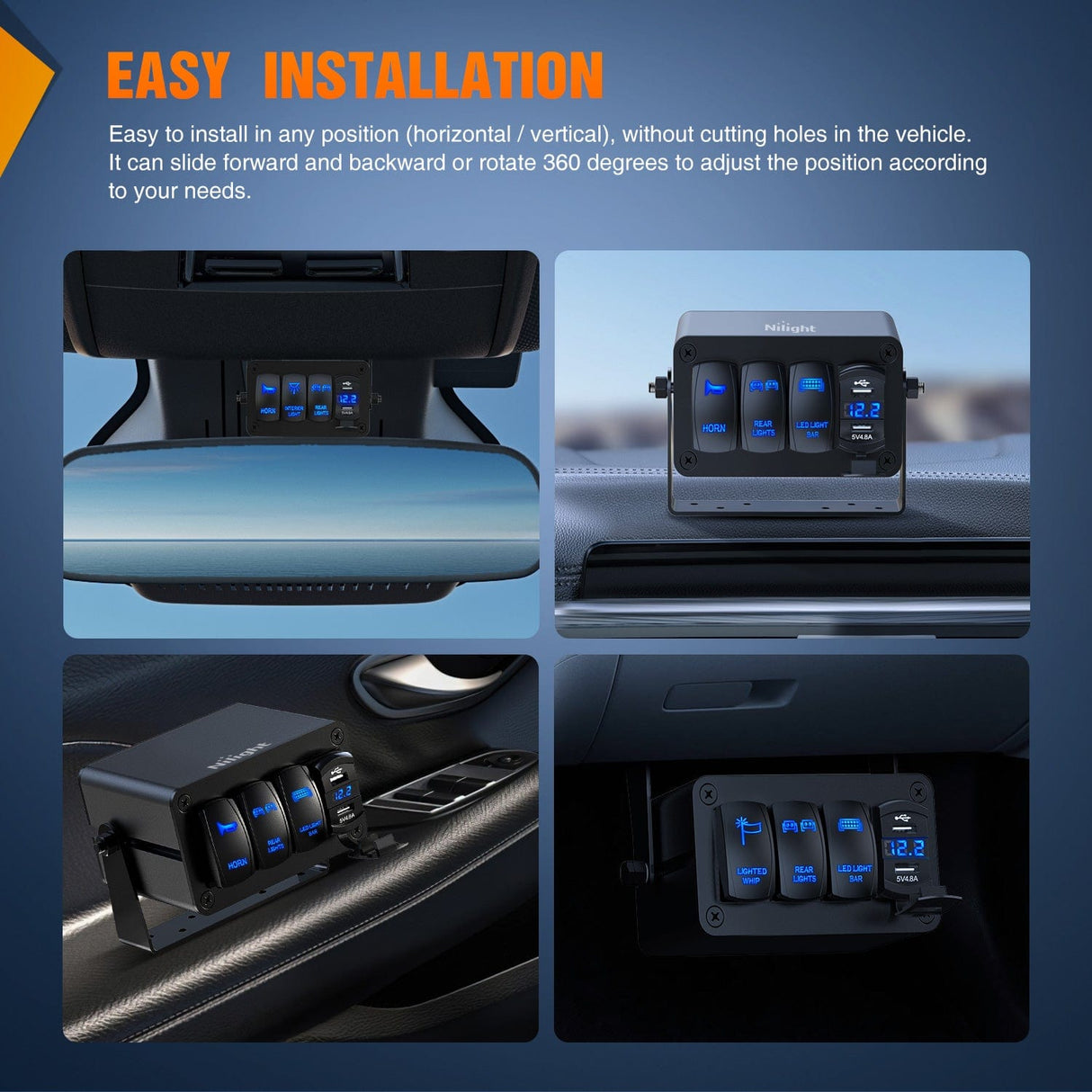 Rocker Switch 4 Gang Rocker Switch Box 4 Holes Panel Detachable Installation Housing Waterproof Aluminum Rotatable Mount Bracket 12V 24V DIY Toggle Switches Voltmeter USB Socket for Boats Cars RVs Trucks