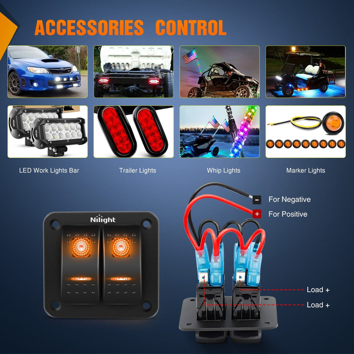 Rocker Switch 2Gang Aluminum 5Pin ON/Off Rocker Switch Panel Orange