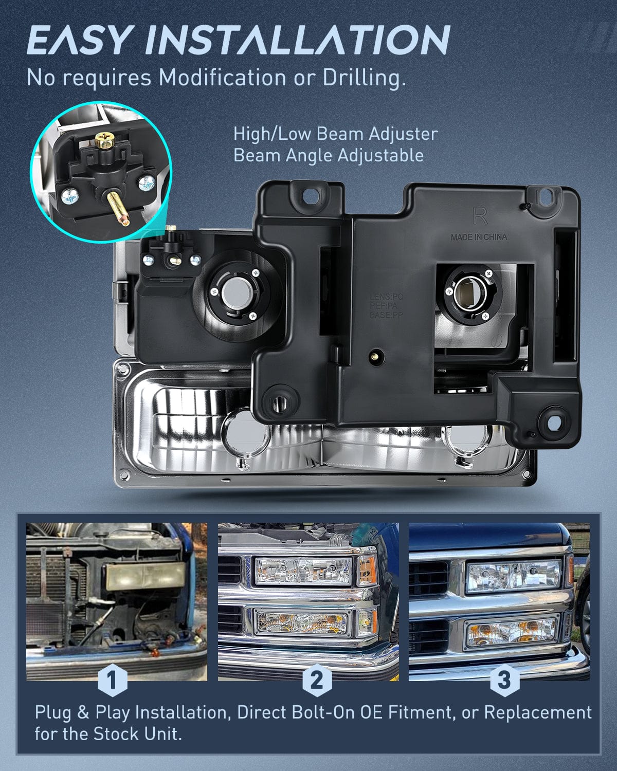 Headlight Assembly 1988 1989 1990 1991 1992 1993 1994 1995 1996 1997 Chevrolet GMC C10 C/K 1988-1999 Silverado Suburban Sierra Blazer Tahoe Yukon Headlight Assembly Chrome Housing