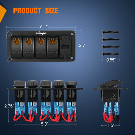 Rocker Switch 4 Gang Switch Panel With QC3.0 & PD Charger And Voltmerter with Orange Backlit