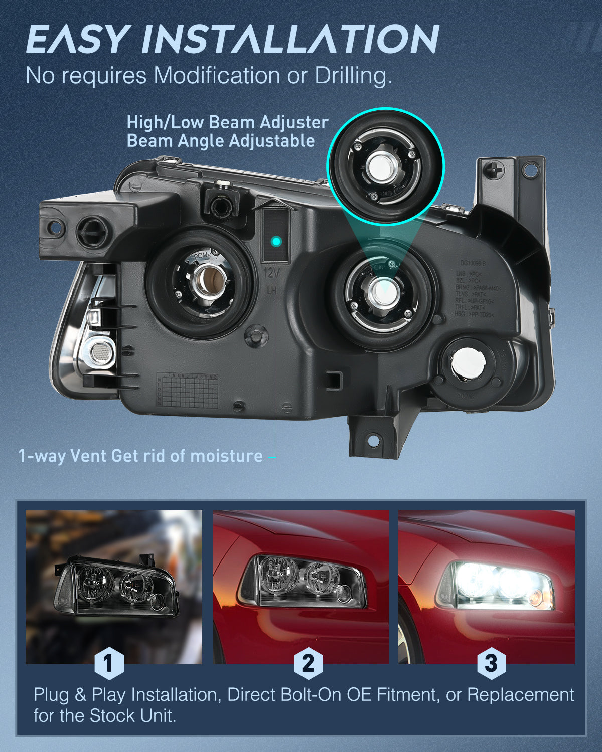Headlight Assembly Headlight Assembly Compatible with 2006 2007 2008 2009 2010 Dodge Charger Smoke Housing Clear Reflector Lens Headlights Replacement Bumper Lamp Set Driver and Passenger Side