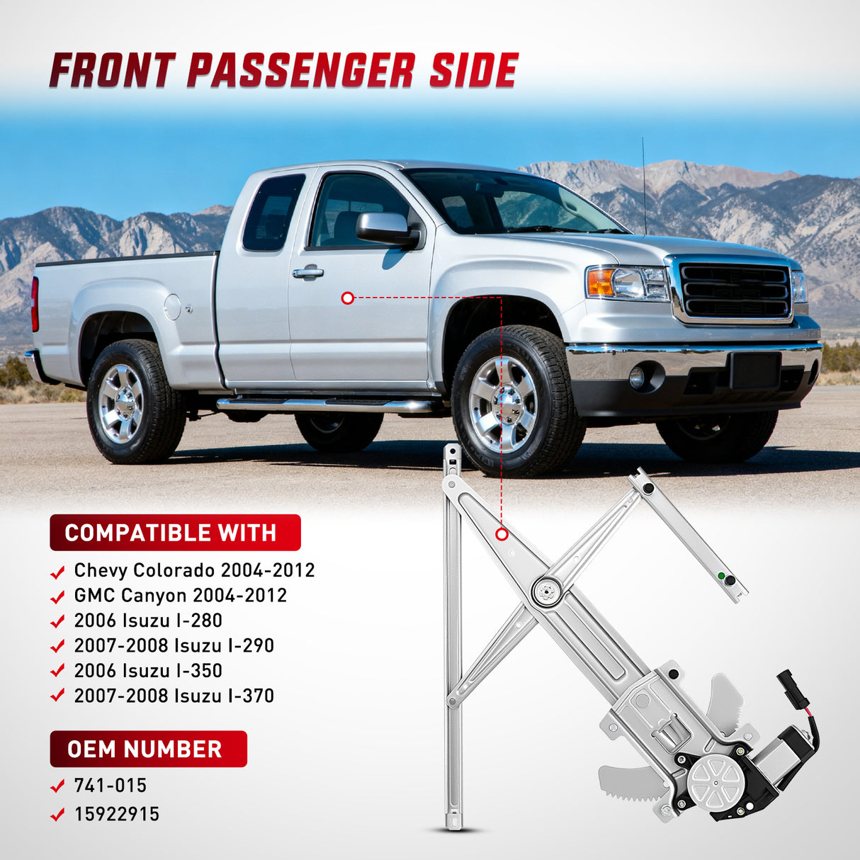 Window Regulator Front Passenger Window Regulator with Motor, Compatible with Chevy Colorado/GMC Canyon 2004 2005 2006 2007 2008 2009 2010 2011 2012, Power Window Lift Motor Assembly, 741-015