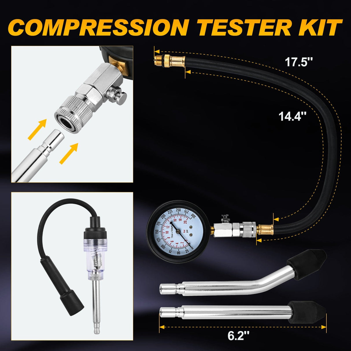 inflator 9PCS Petrol Gas Engine Cylinder Compression Tester Kit