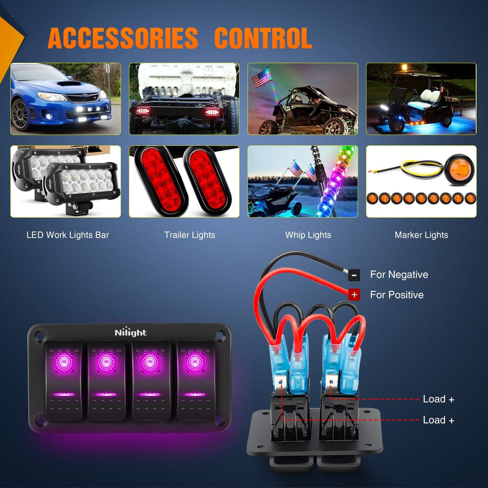 Rocker Switch 4Gang Aluminum 5Pin ON/Off Rocker Switch Panel Purple