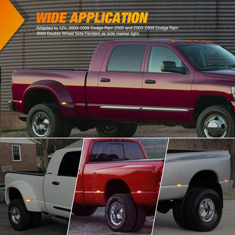Side Marker Clearance Lights 4 PCS 3 LED Red Amber Wheel Fender Side Marker Lights Smoked Lens Light Compatible With 2003-2009 Dodge Ram 1500 2500 3500 Super Duty