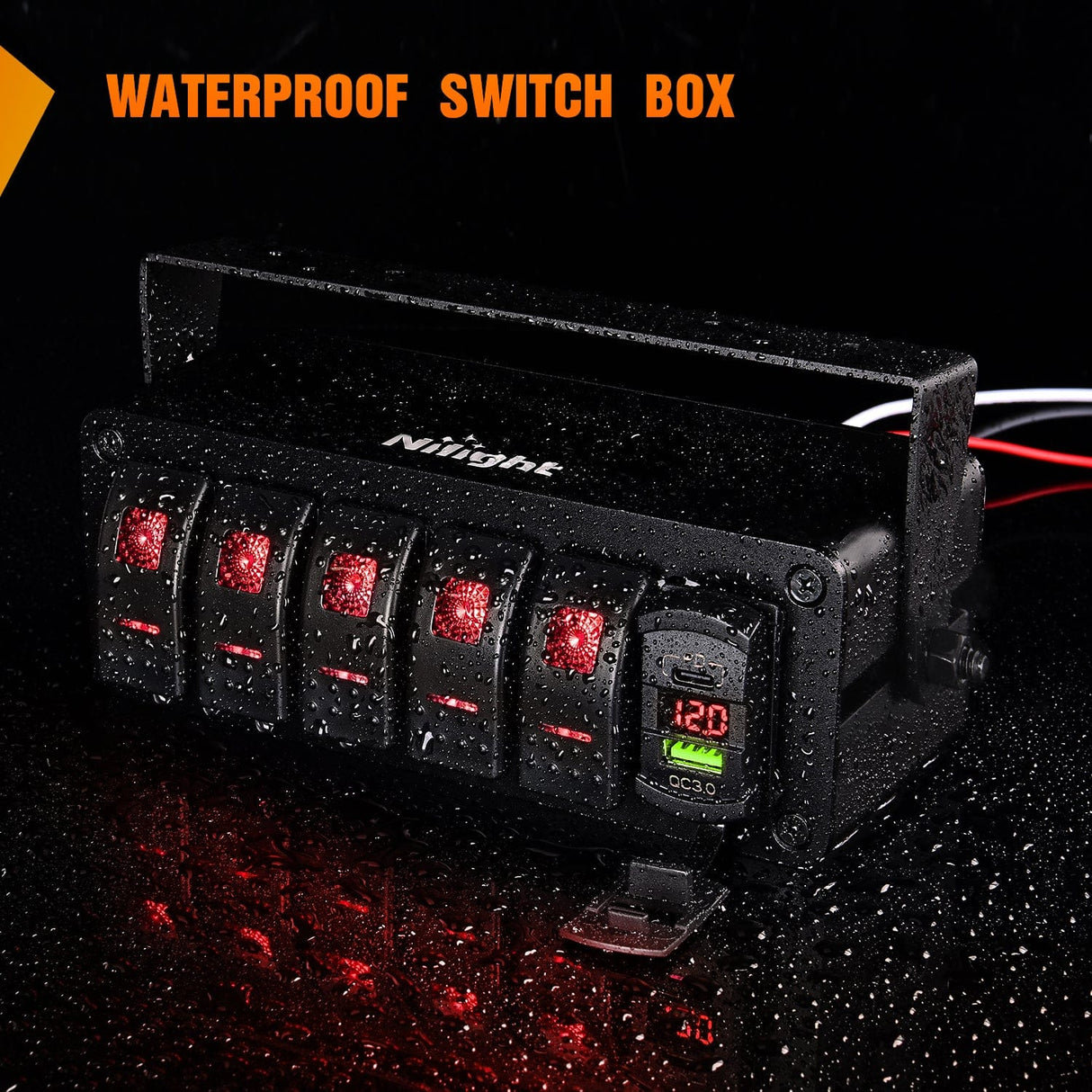 Rocker Switch 5Gang Aluminum ON/Off Rocker Switch Box w/ QC 3.0 Dual USB Charger Voltmeter with Red Backlit