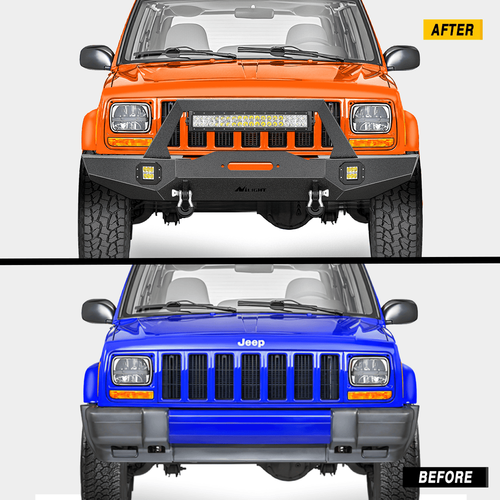 Front Bumper 1984 1985 1986 1987 1988 1989 1990 1991 1992 1993 1994 1995 1996 1997 1998 1999 2000 2001 Jeep Cherokee XJ Front Bumper Winch Plate 120W Light Bar 18W Light Pods