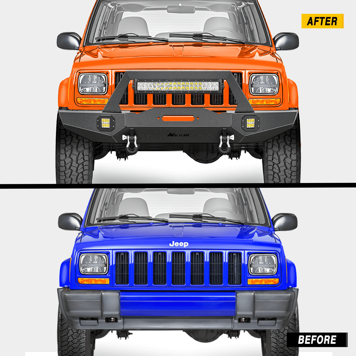 Front Bumper 1984 1985 1986 1987 1988 1989 1990 1991 1992 1993 1994 1995 1996 1997 1998 1999 2000 2001 Jeep Cherokee XJ Front Bumper Winch Plate 120W Light Bar 18W Light Pods