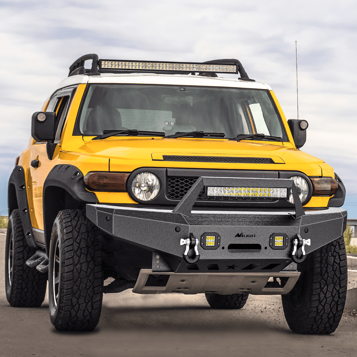 Front Bumper 2007 2008 2009 2010 2011 2012 2013 2014 Toyota FJ Cruiser Front Bumper Winch Plate Offroad 120W Light Bar 18W LED Light Pods 2 D-Rings