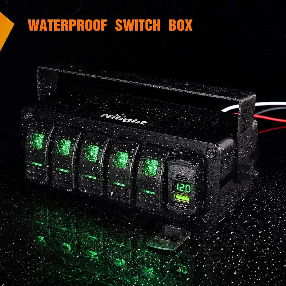 Rocker Switch 5Gang Aluminum ON/Off Rocker Switch Box w/ QC 3.0 Dual USB Charger Voltmeter