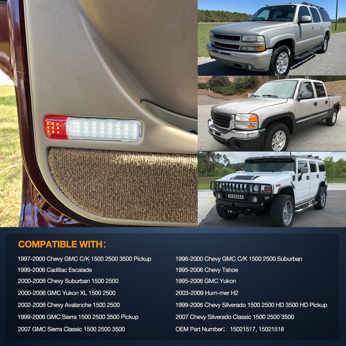 Door Panel Light 4PCS LED Interior Door Panel Light Courtesy Warning Lights White Red Plug and Play Compatible with Chevy GMC C/K Silverado Sierra 1500 2500 3500 HD Suburban Cadillac Escalade Hummer H2