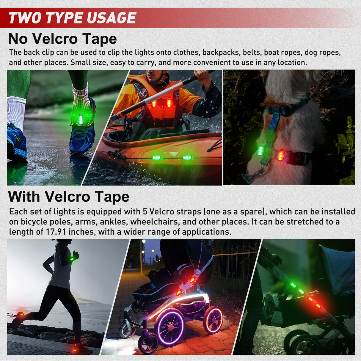 LED Safety Light 4PCS Red Green Marine Navigation Bike Tail Lights Three Modes Waterproof Reflective Gear Clip On Flash Strobe Indicator Lamp for Night Boating Fishing Cycling Jogging