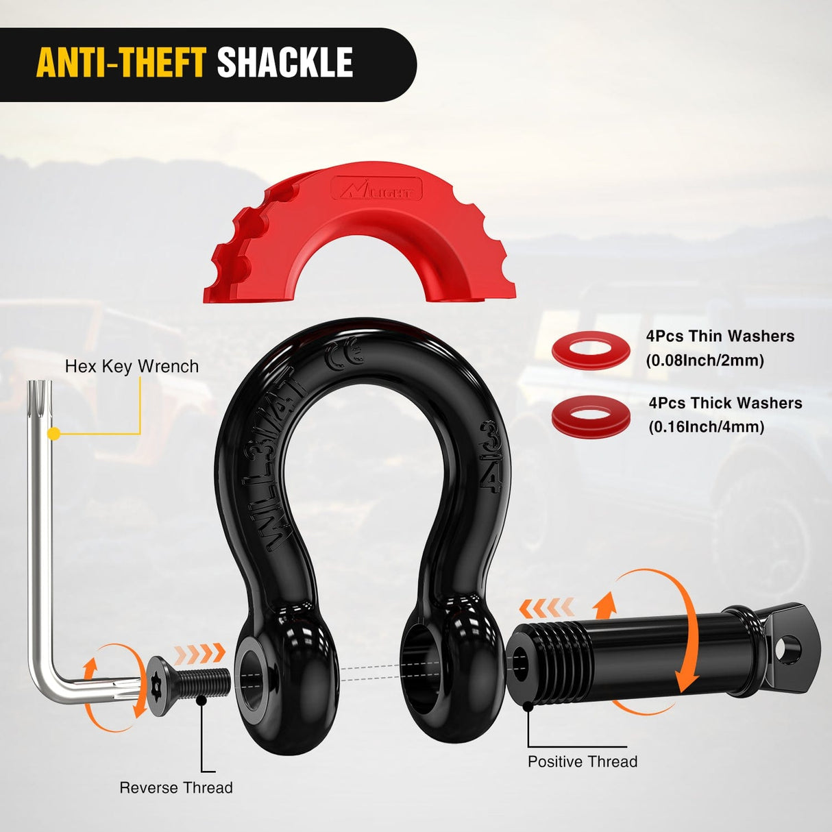 Shackle Recovery Ring 3 x 20 Inch Recovery Tow Strap Kit with 2Inch Hitch Receiver and 3/4Inch Anti-Theft D-Ring Shackles
