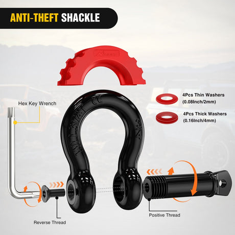 Shackle Recovery Ring 3 x 20 Inch Recovery Tow Strap Kit with 2Inch Hitch Receiver and 3/4Inch Anti-Theft D-Ring Shackles