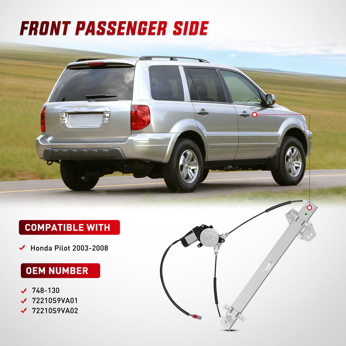 Power Window Regulator with Motor Assembly Replacement for Honda Pilot 2003 2004 2005 2006 2007 2008, Front Passenger Side, 748-130