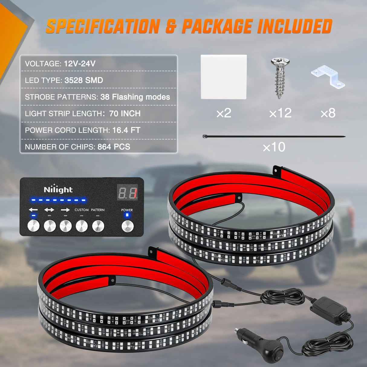 Led light Strip 2PCS 70 Inch Emergency Strobe Light Strip with Controller 864 LED Red Blue Running Board Lights Flexible Side Flashing Warning Caution Safety Waterproof for Truck Construction Pickup