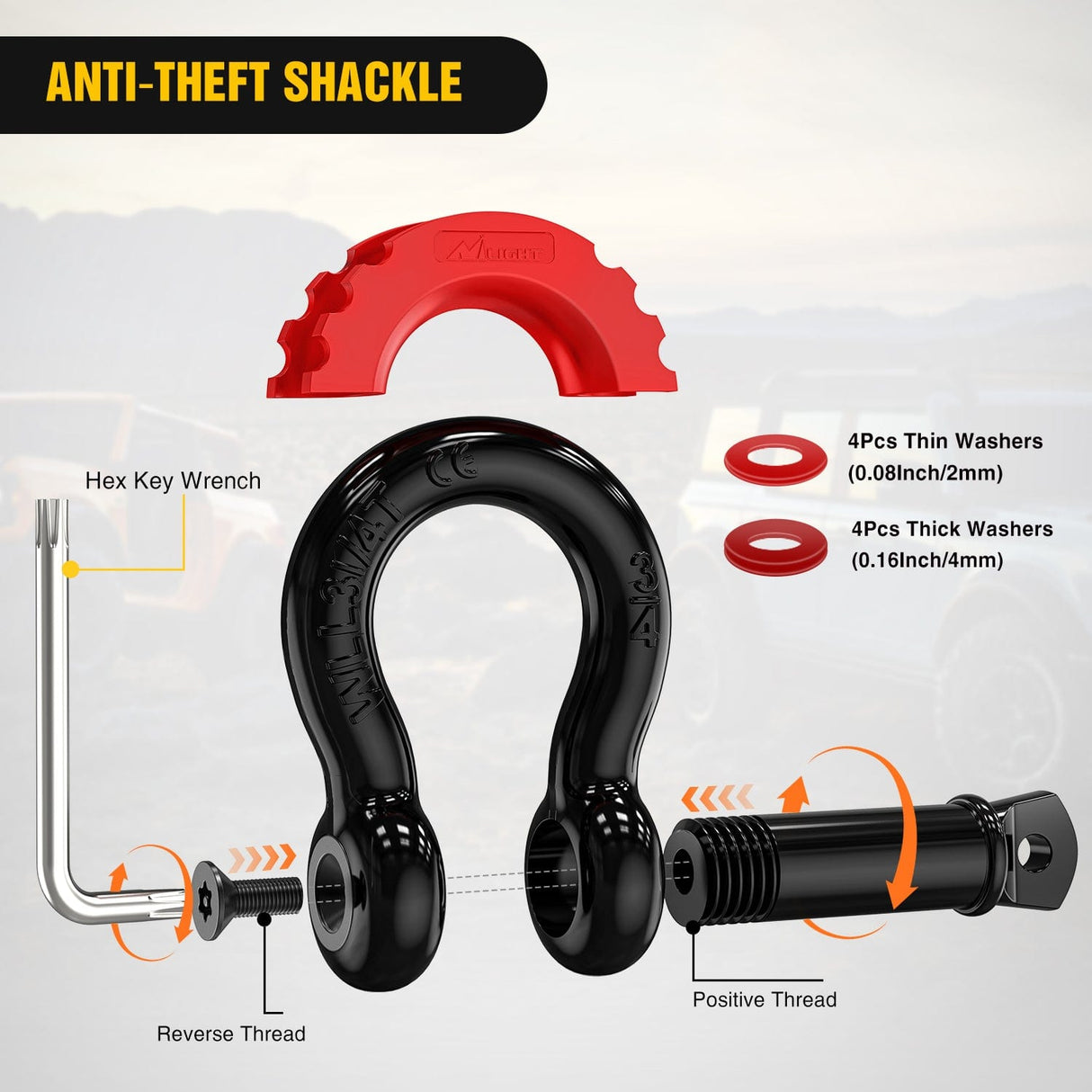 Shackle Recovery Ring 3 x 30Inch Recovery Tow Strap with Anti-Theft D-Ring Shackles
