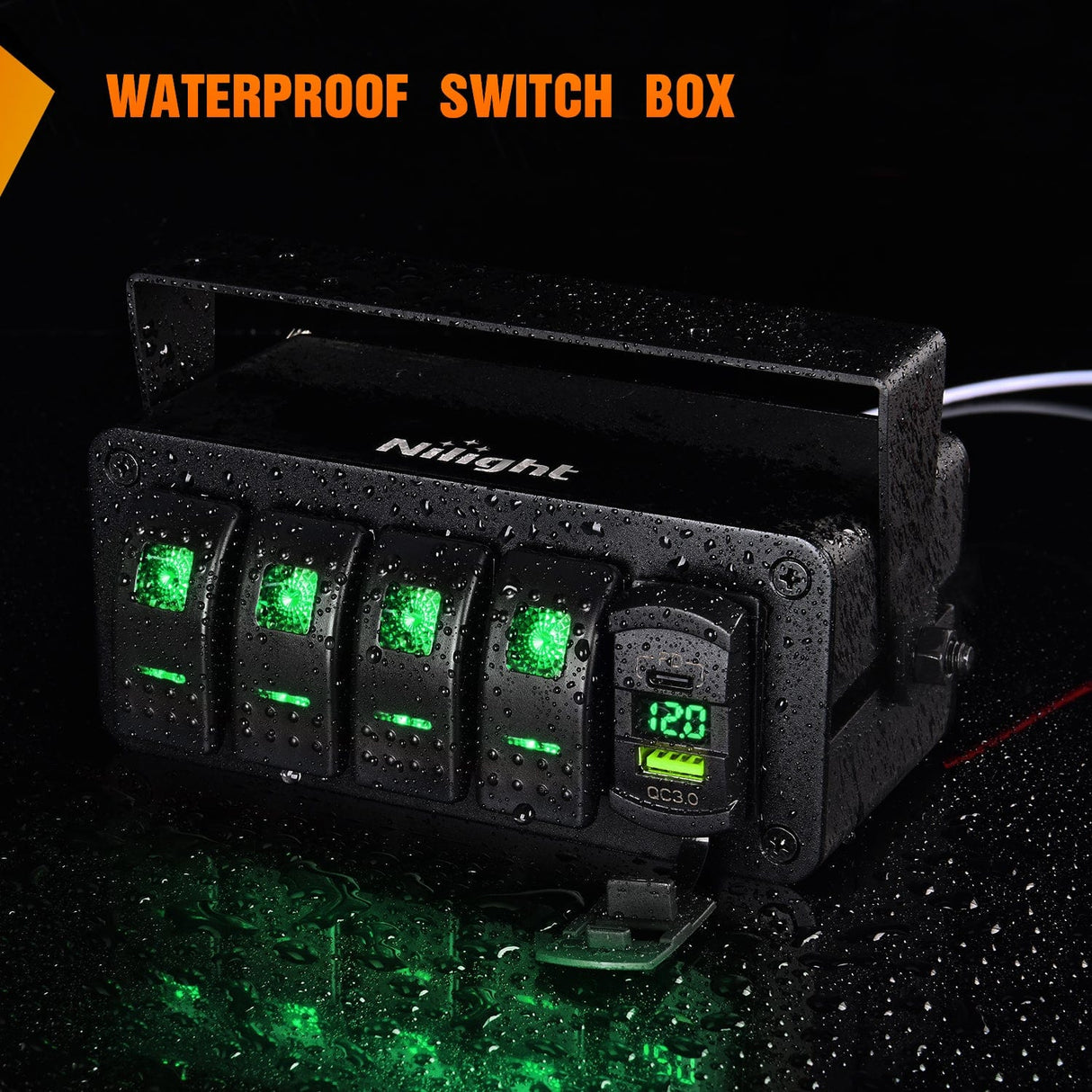 Rocker Switch 4Gang Aluminum ON/Off Rocker Switch Box w/ QC 3.0 Dual USB Charger Voltmeter with Green Backlit
