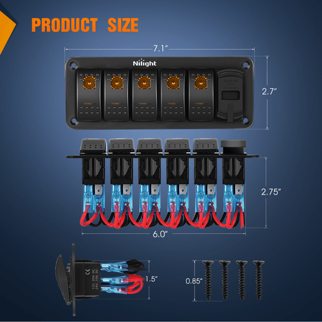 Rocker Switch 5 Gang Switch Panel With QC3.0 & PD Charger And Voltmerter with Orange Backlit