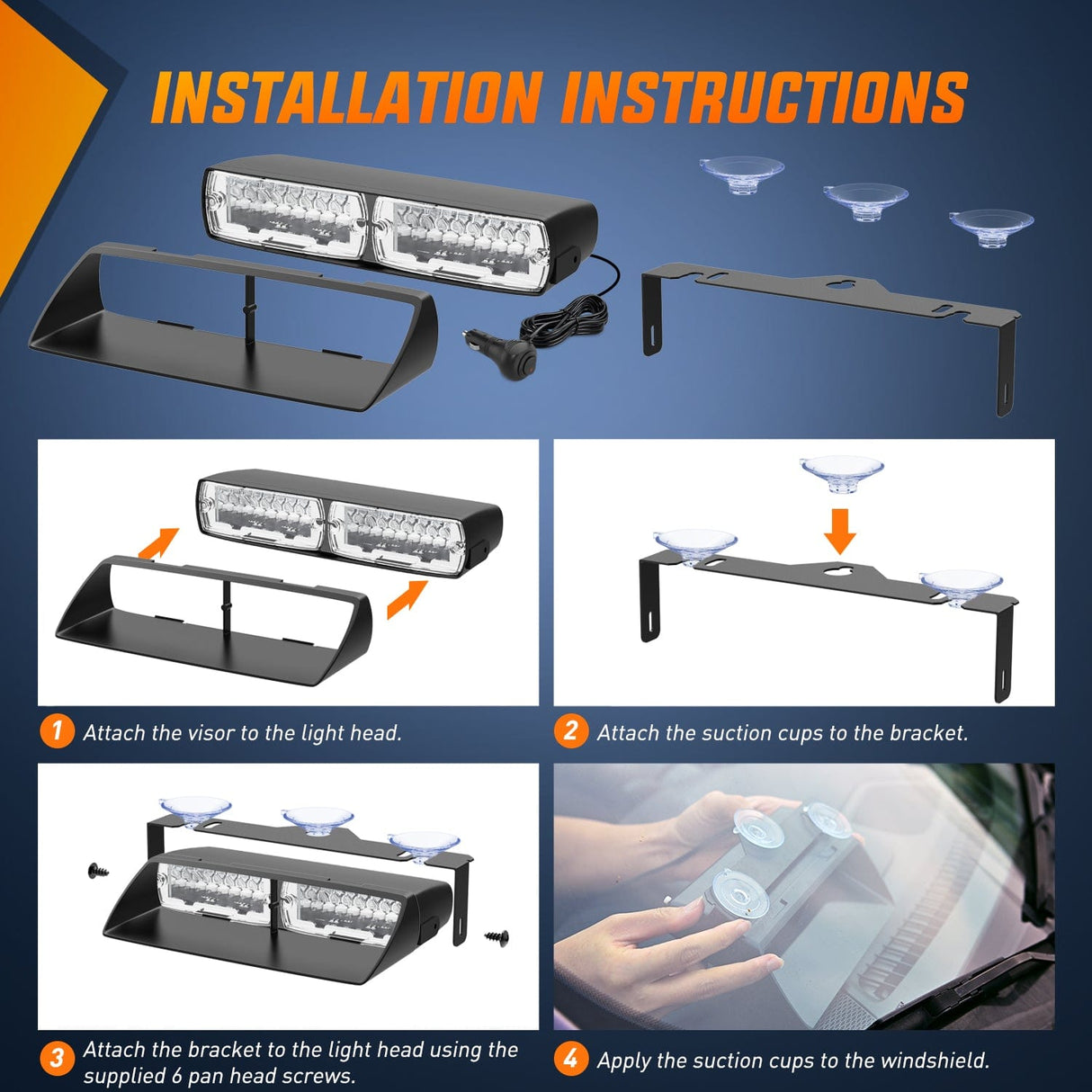 Windshield Hazard Strobe Light 8 Inch 16 Leds Windshield Hazard Amber White Strobe Light